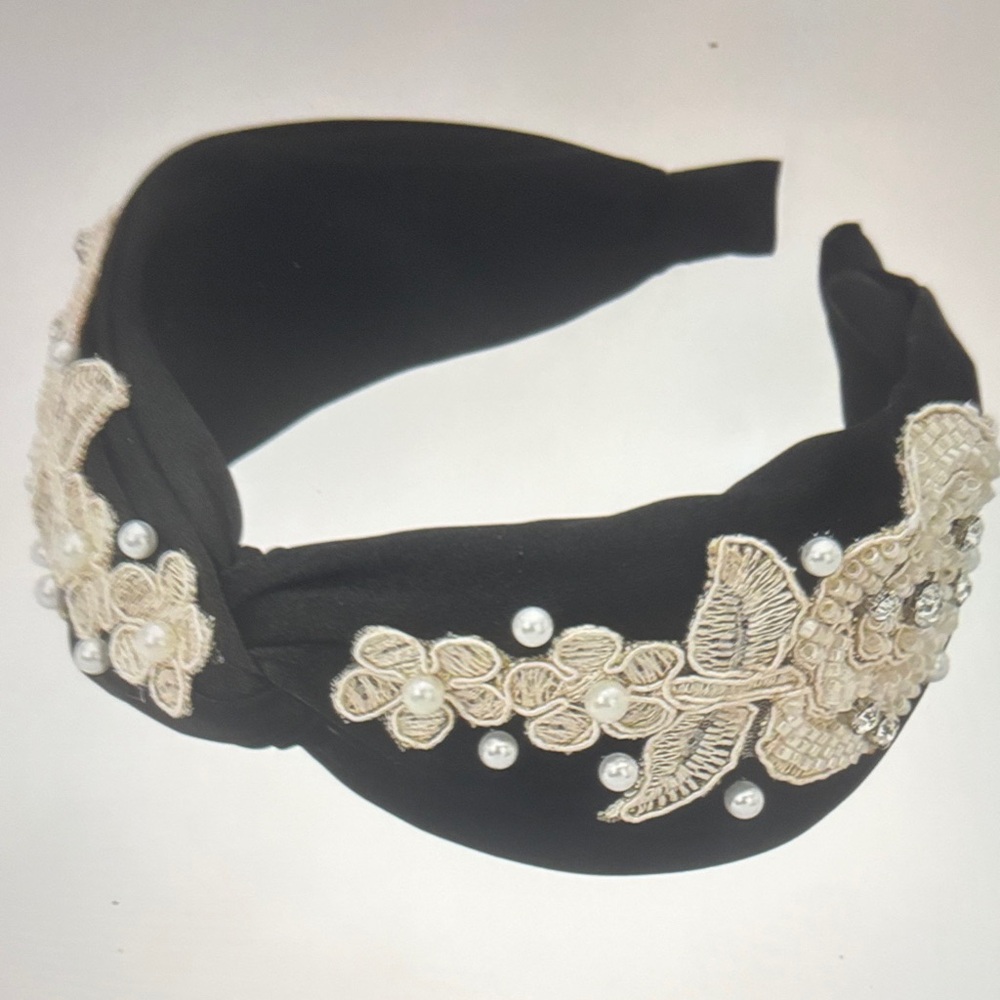 Black Pearl Flower Appliqué Embellished Headband